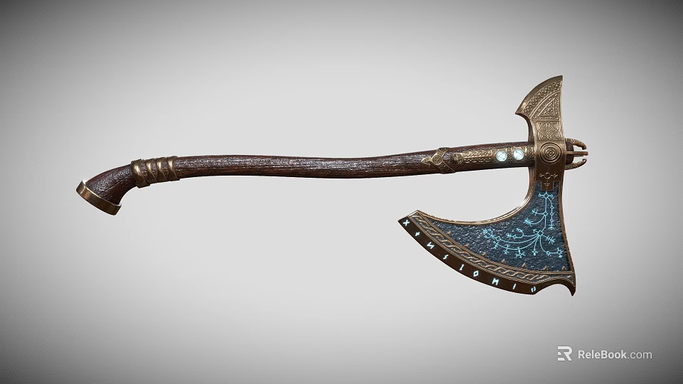 Handcrafted Decorative Axe With Wooden Handle Blue Patterned Blade And Metal Accents 3d model 