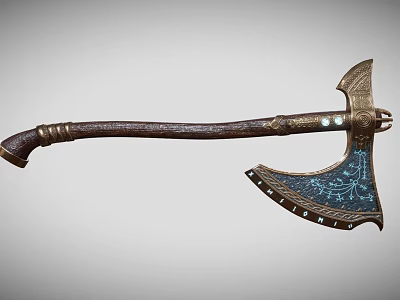 Handcrafted Decorative Axe With Wooden Handle Blue Patterned Blade And Metal Accents 3d model