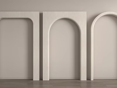Three White Archway Structures With Different Shapes Against Light Wall And Wooden Floor 3d model