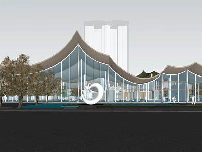 Modern Architectural Design With Curved Roof Glass Curtain Walls And Tall Buildings Background Trees 3d model