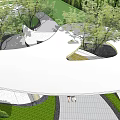 Building Exterior Wall With Wavy Yellow Design Curved Canopy Greenery Trees and Pedestrians