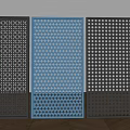 Three Different Design Decorative Fence Panels With Black Blue Geometric Dot And Perforated Patterns