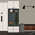 Modern White Shoe Cabinet With Coat Hooks Hanging Bags Coats Brass Wall Lamp and Bench