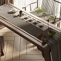 Rustic Wooden Tea Table and Chairs with Tea Set Green Plant and Pine Cones