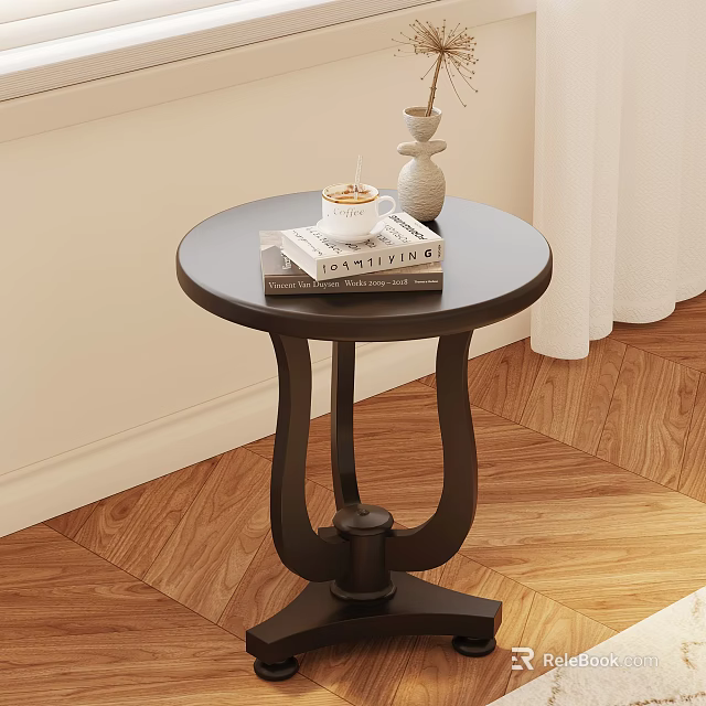 Black Round Side Table with Books Coffee Cup and Vase in Wooden Floor Interior 3d model 