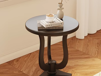 Black Round Side Table with Books Coffee Cup and Vase in Wooden Floor Interior 3d model