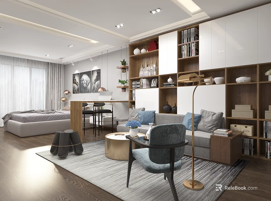 Modern Apartment Interior Living Room And Bedroom With Floor-to-Ceiling Windows Bookshelf Sofa And Rug 3d model 
