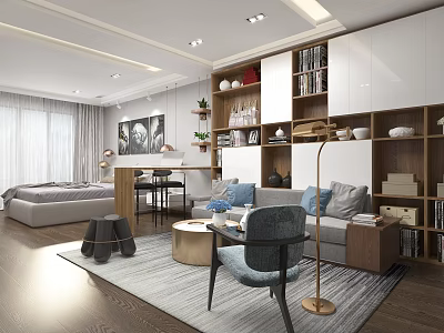 Modern Apartment Interior Living Room And Bedroom With Floor-to-Ceiling Windows Bookshelf Sofa And Rug 3d model