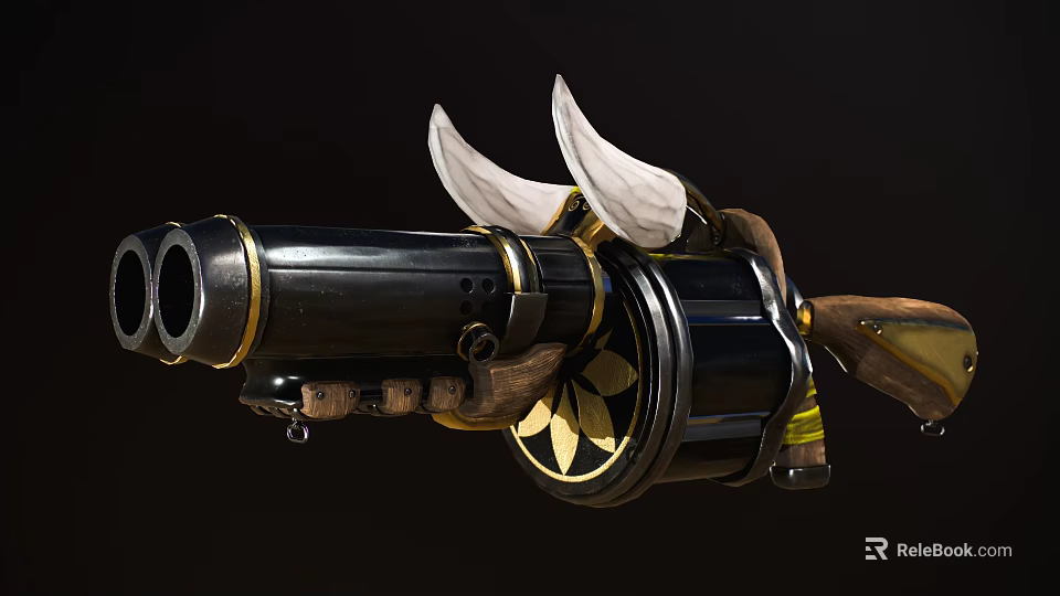 Double Barrel Weapon With Horn Decorations And Gold Floral Patterns Design 3d model 