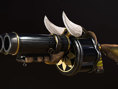Double Barrel Weapon With Horn Decorations And Gold Floral Patterns Design 3d model
