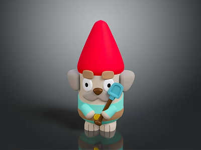 3D Cartoon Puppy Character Wearing Red Pointed Hat Holding Blue Shovel And Light Blue Outfit 3d model
