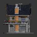 Cartoon Style House With Blue Roof Orange Walls Chimney And Balcony Potted Plants