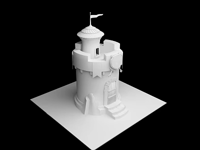 Ancient Architecture White Tower Model With Spire Flag Arched Door And Steps 3d model