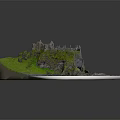 Detailed Ancient Castle Ruins Model With Rocky Terrain Green Grass And Stone Walls