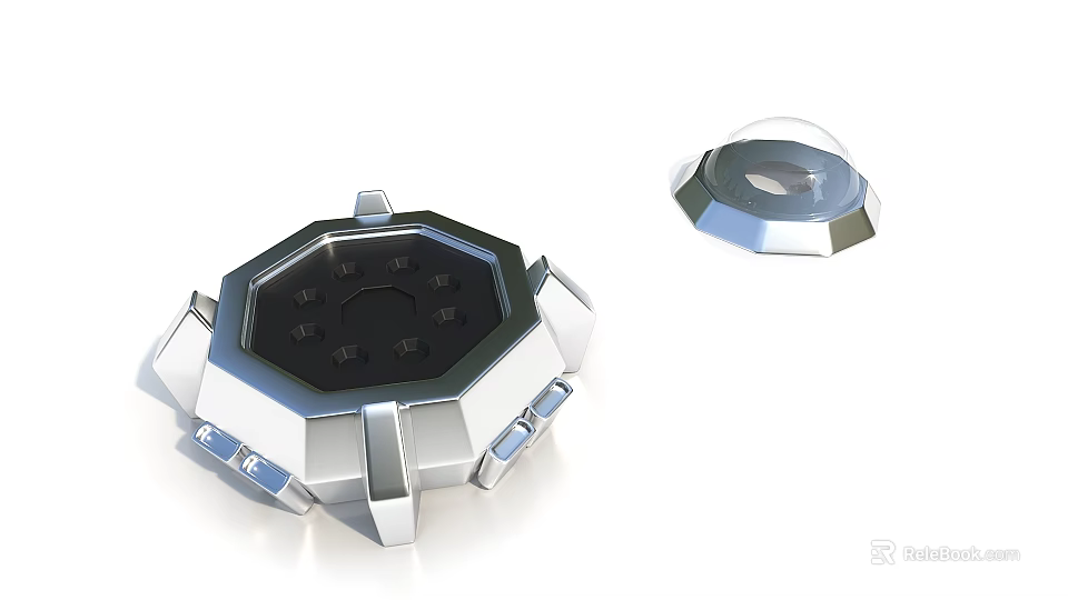 Modern Metallic Tech Device Featuring Octagonal Structure Black Panel And Transparent Dome With Silver Components 3d model