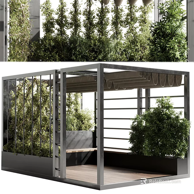 Modern Pergola Design With Metal Frame Glass Panels Bench And Surrounding Greenery 3d model 
