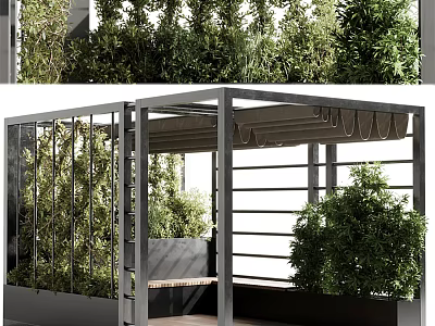 Modern Pergola Design With Metal Frame Glass Panels Bench And Surrounding Greenery 3d model