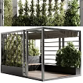 Modern Pergola Design With Metal Frame Glass Panels Bench And Surrounding Greenery
