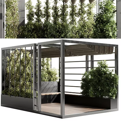 Modern Pergola Design With Metal Frame Glass Panels Bench And Surrounding Greenery 3d model