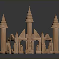 Wooden Castle Model With Multiple Spires And Arched Structures Light Brown On Dark Reflective Background