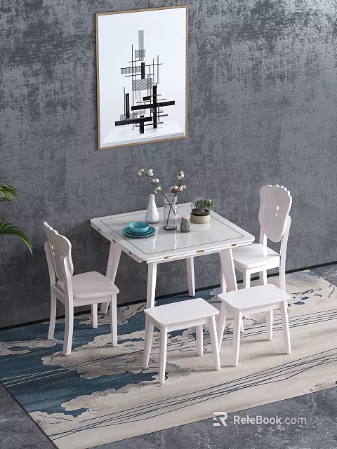 White Dining Table Set with Four Chairs Geometric Painting Gray Wall and Green Plant 3d model 