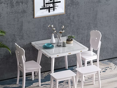 White Dining Table Set with Four Chairs Geometric Painting Gray Wall and Green Plant 3d model