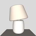 Lit White Table Lamp With Tilted Lampshade On White Table Against Gray Wall Background 3d model