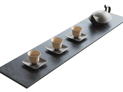 Minimalist Modern Tea Set With Dark Tray Teapot And Three Beige Teacups On Saucers 3d model