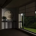 Chinese Style Mahjong Room With Round Table Chairs Landscape Painting Window And Green Plants