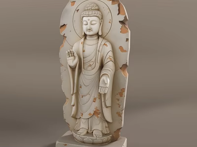 Vintage Weathered White Stone Standing Buddha Statue Ornament For Traditional Zen Home Decoration 3d model