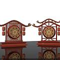 Traditional Chinese Red Art Installation With Symmetrical Structure Circular Patterns And Golden Lantern Elements 3d model