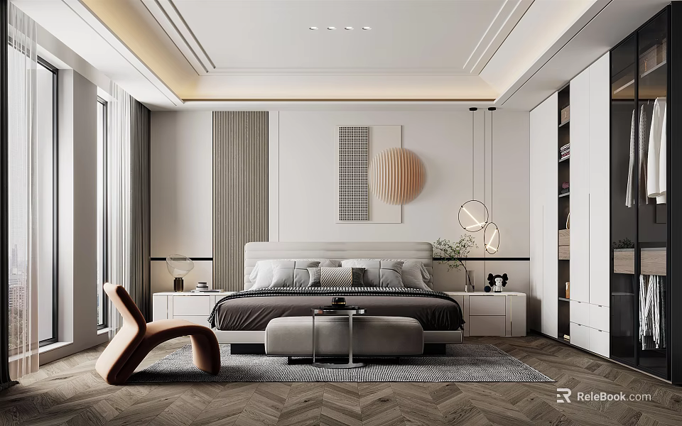 Modern Bedroom Interior With Bed Nightstands Chair Herringbone Rug And Pendant Lights 3d model 