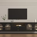 Dark TV Stand With Glass Doors Drawers Large Screen TV Vase And Green Plant