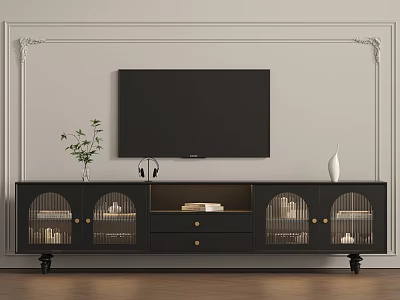 Dark TV Stand With Glass Doors Drawers Large Screen TV Vase And Green Plant 3d model