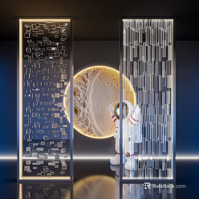 Modern Glass Partition With Geometric Crystal Panels Astronaut Figure And Circular Illuminated Moon Decor 3d model 