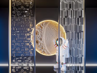 Modern Glass Partition With Geometric Crystal Panels Astronaut Figure And Circular Illuminated Moon Decor 3d model