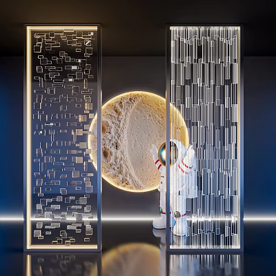 Modern Glass Partition With Geometric Crystal Panels Astronaut Figure And Circular Illuminated Moon Decor 3d model