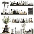 Organized Bathroom Shelf With Essential Cleaning Toiletries Bottles Towel And Fresh Plants