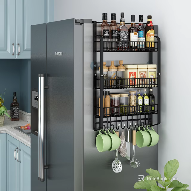 Black Metal Bathroom Cabinet Rack With Multi Level Shelves And Cup Hooks 3d model