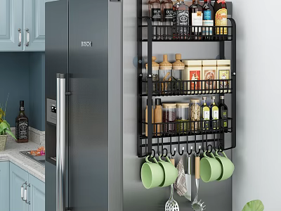 Black Metal Bathroom Cabinet Rack With Multi Level Shelves And Cup Hooks 3d model