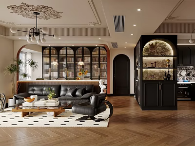 Modern Living and Dining Room Interior With Sofa Coffee Table Bookshelf And Chandelier 3d model