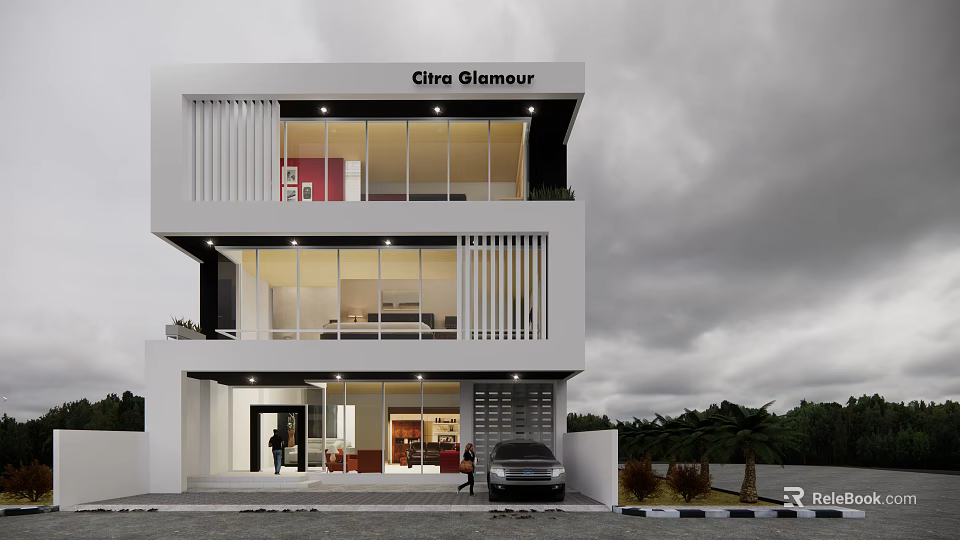 Modern Two Story Detached Villa With White Exterior Large Glass Windows And Vertical Stripes 3d model 