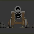 Vintage Old Cannon Weapon With Wooden Carriage Metal Barrel And Cannonballs