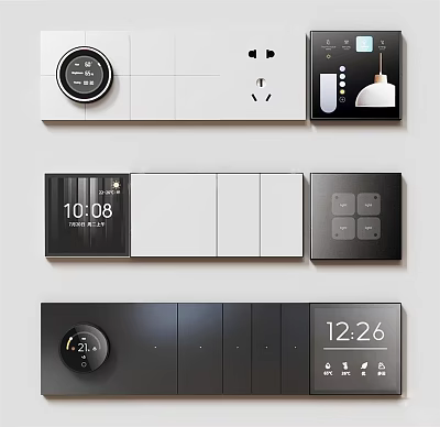 Modern Switch Panels with Digital Display Time Knobs Sockets and Buttons White Black 3d model