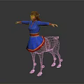 Woman in Blue Dress With Red Belt Arms Outstretched and Deer Legs Red Decorations