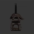 Vintage Cast Iron Stove with Tall Chimney Grilled Door and Carved Architectural Decorations