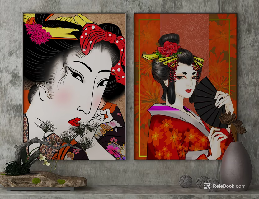 Japanese Traditional Portrait Paintings With Geisha In Kimono Holding Fan And Floral Headpiece 3d model 