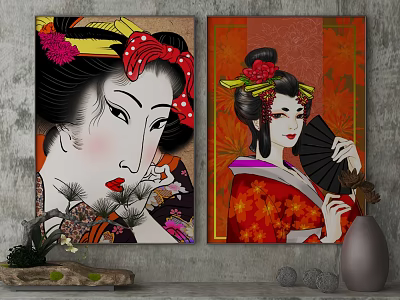Japanese Traditional Portrait Paintings With Geisha In Kimono Holding Fan And Floral Headpiece 3d model