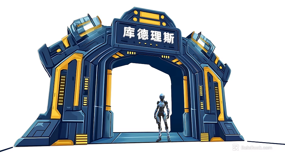 Futuristic Sci Fi Event Entrance With Blue Yellow Arched Structure Kudelis and Cybernetic Figure 3d model 