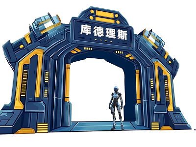 Futuristic Sci Fi Event Entrance With Blue Yellow Arched Structure Kudelis and Cybernetic Figure 3d model